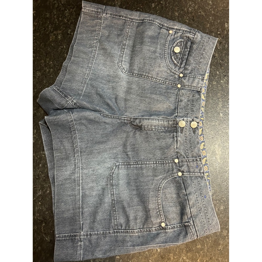 Dakota Blue Womens Denim Shorts Size 16 Blue Paisley Trim Double Button Stretch